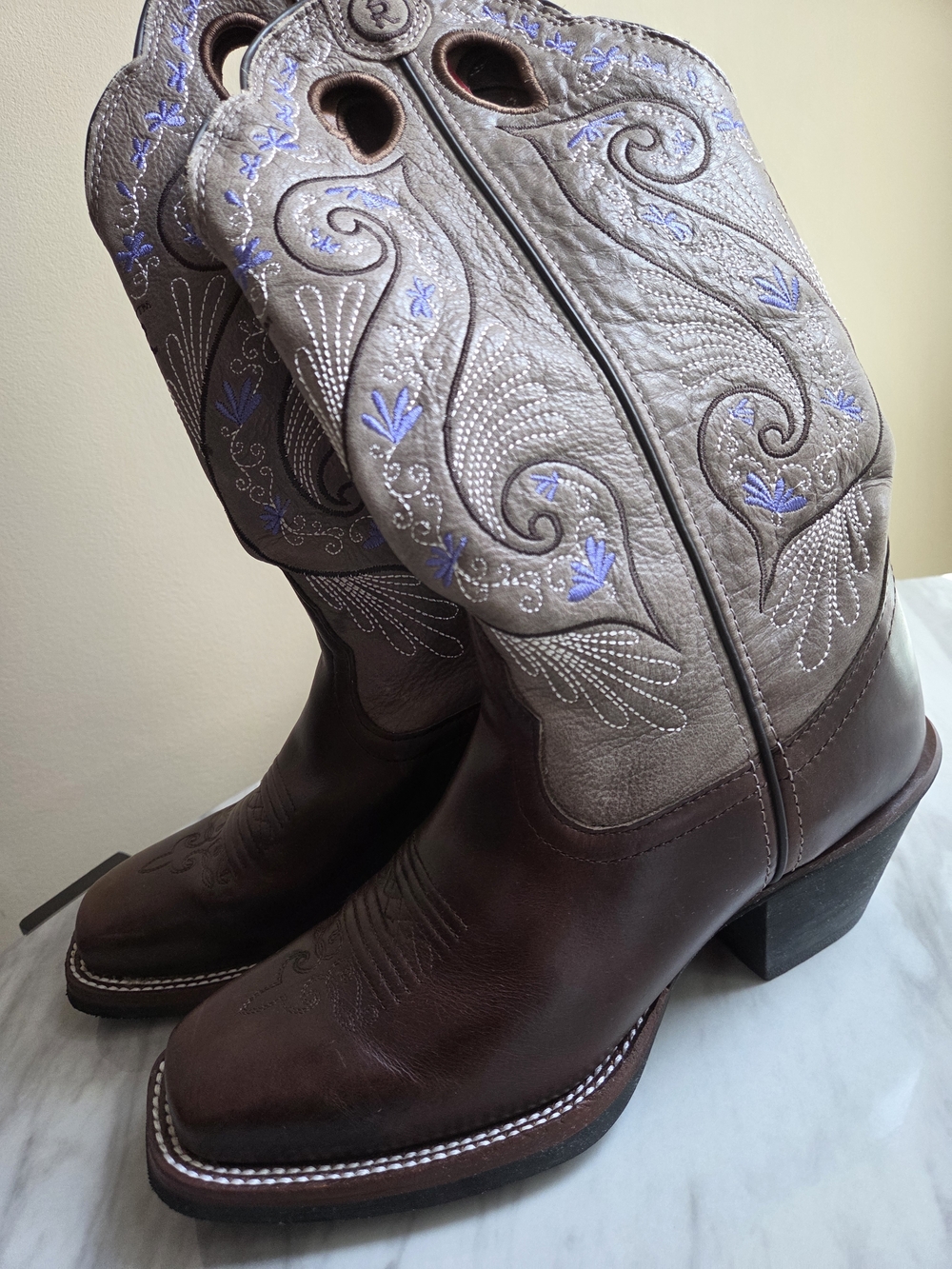 Tony Lama Brown Leather Western Boots with Gray Shaft and Lavender Stitching